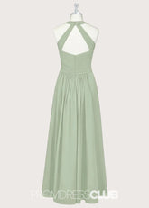 Pamela | A - Line Halter Sage Green Chiffon Long Bridesmaid Dresses - Price #price_variant_lowest# - Sage - PromDressClub